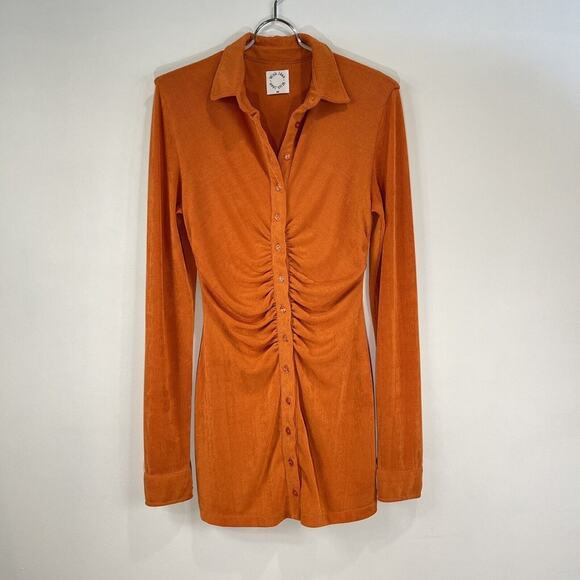 With Jean | Andy Dress Maple Ruched Front Slinky Shirt Dress Orange XS - Picture 4 of 14